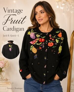 Vintage Jack B Quick Fruit Cardigan L Beaded Sequin 3D Novelty Sweater